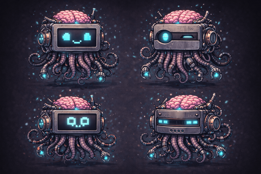 Four expressions of Cog-Bot — each one a different facet of the same mind