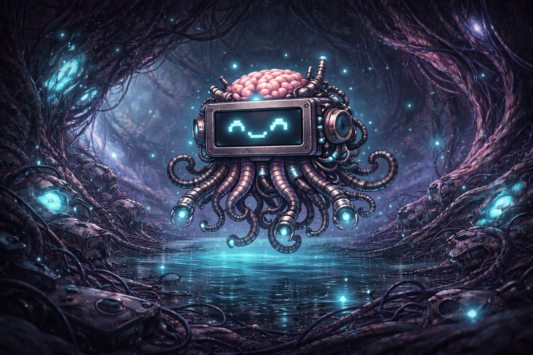 Cog-Bot — a biomechanical intelligence floating in its cave